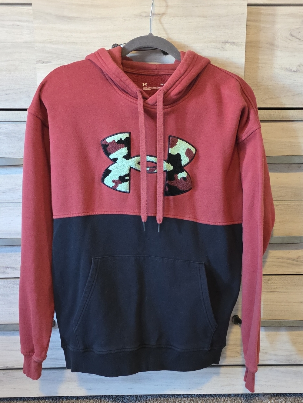 Under Armour Two-Tone Maroon and Black Hoodie with Camo Logo